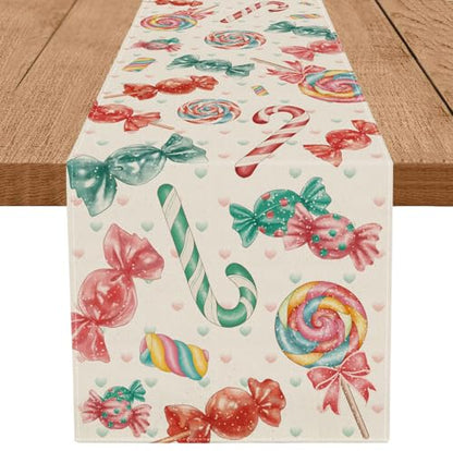 Candy Christmas Table Runner 13'' x 72'' Seasonal Kitchen Decor for Winter Home Party