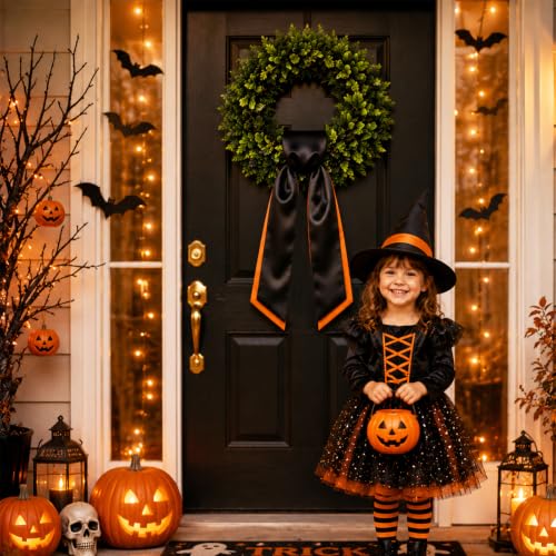Halloween Wreath Sash Set - Black and Orange Satin Decor for Front Door