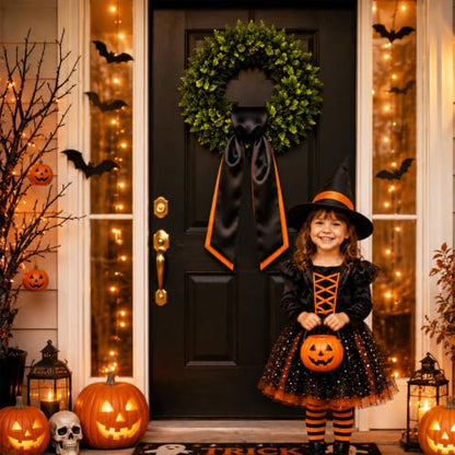 Halloween Wreath Sash Set - Black and Orange Satin Decor for Front Door