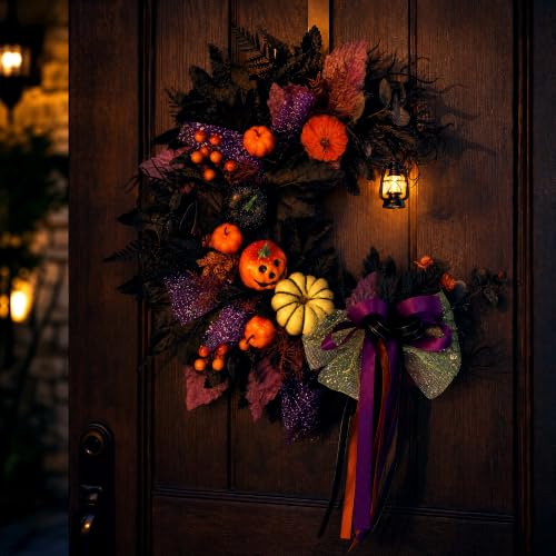 Halloween Wreath for Front Door Crescent Moon Pumpkins Lantern Spooky Decor