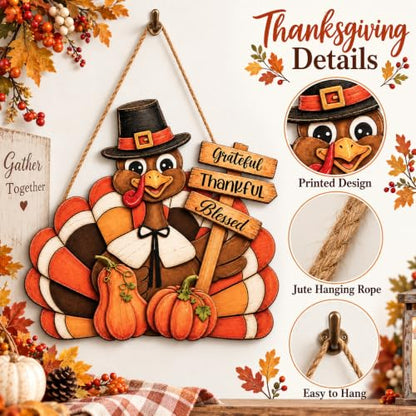 Thanksgiving Turkey Wood Sign - Thankful Pumpkin Front Door Wreath Decor