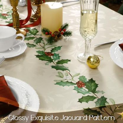 Christmas Jacquard Tablecloth 60x144 Inch - Holiday Holly Bell Design, Green Variation
