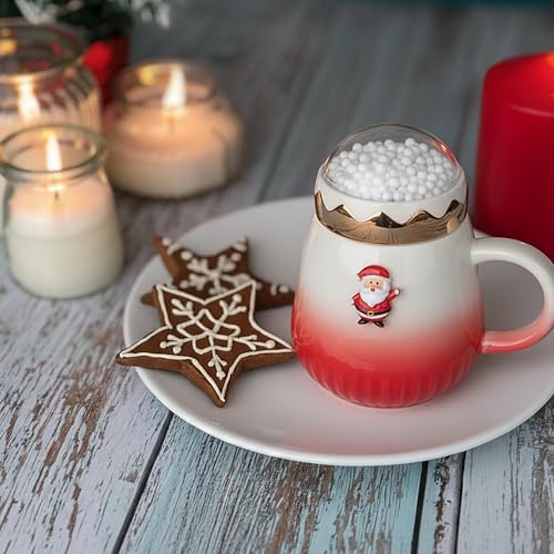 Christmas Coffee Mugs 2-Pack 15oz Ceramic with Snow Globe Lids - Red & Green Santa & Tree Gift Set