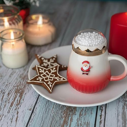 Christmas Coffee Mugs 2-Pack 15oz Ceramic with Snow Globe Lids - Red & Green Santa & Tree Gift Set