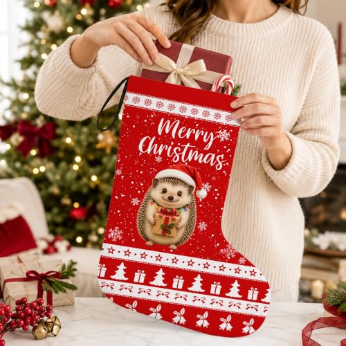 Hedgehog Christmas Stocking - Holiday Decor, Reusable Linen Gift Holder
