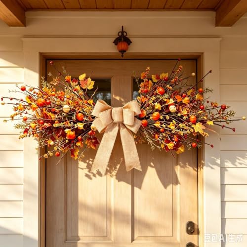 Fall Maple Leaf Pumpkin Berry Wreath with Burlap Bow for Front Door - Autumn Swag - Variation of This Listing: Mini Pumpkin