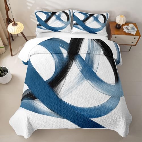 Navy Blue Twin Quilt Set Geometric Minimalist Lines Bedspread for Kids Teens