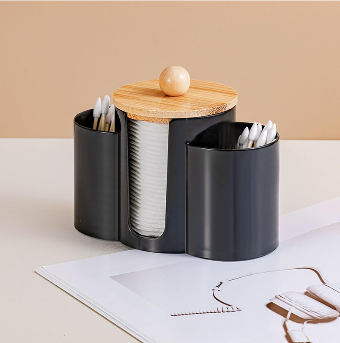 Q-Tip Holder by [Brand Name] - 3-in-1 Premium Bathroom Organizer with Dustproof Lid | Black Canister for Cotton Swabs, Balls, and Pads