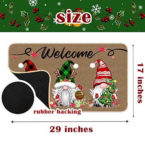 Christmas Doormat 17x29 Inch Buffalo Plaid Gnome Holiday Entryway Mat - Xmas 3 Gnomes Variation
