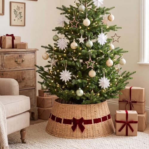 Christmas Tree Collar Basket with Red Velvet Bow 23.6" Wicker Base Cover Rustic - Variation of Red Velvet