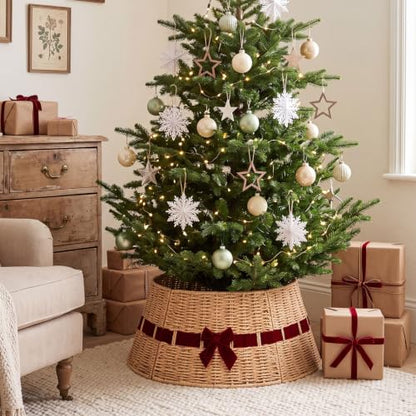 Christmas Tree Collar Basket with Red Velvet Bow 23.6" Wicker Base Cover Rustic - Variation of Red Velvet