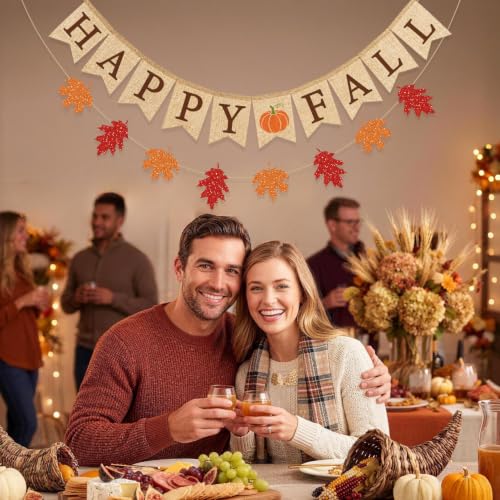 Fall Burlap Banner and Glitter Leaves Garland - Autumn Party Decor