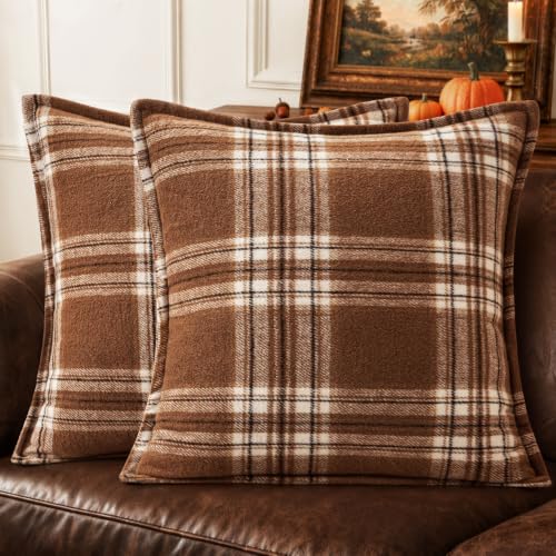 MIULEE Fall Plaid Pillow Covers 20x20 Inches Brown & White Set of 2 - Reversible Farmhouse Decor