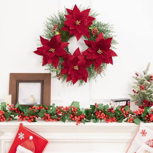 Artificial Velvet Poinsettia Flowers Clip On Christmas Decorations - Red, 9.8 Inch, 10 pcs