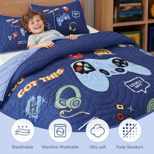 Kids Full/Queen Navy Blue Game Controller Quilt Set - 3 Piece Bedding