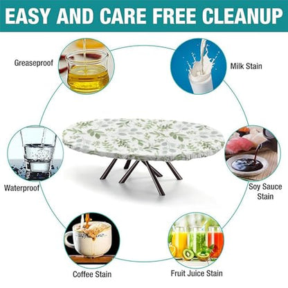 Fitted Floral Teal Sage Green Oval Tablecloth - 68" x 48" Polyester Outdoor Cover - Elastic Edge for Picnic & Party