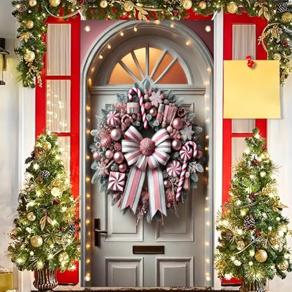 Christmas Door Cover Candy Cane Pink Bow 71x35 Inch Holiday Front Door Decor - Pink Candy Bow Variation