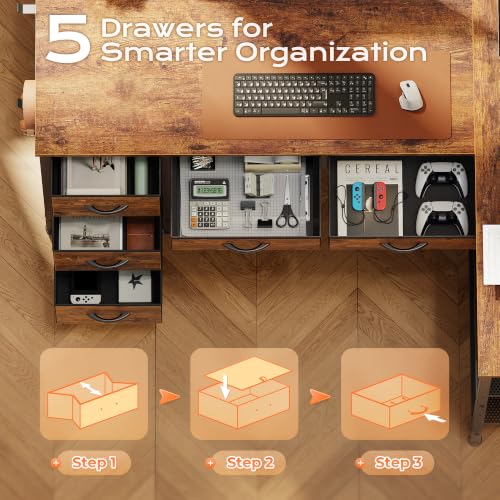 PRAISUN 47-Inch Rustic Brown L-Shaped Desk with Power Outlets & Fabric Drawers