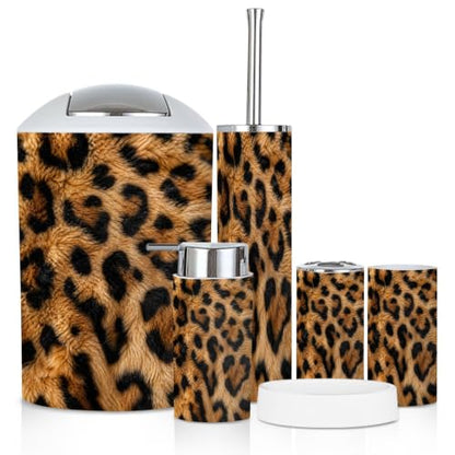 Bathroom Accessory Set 6PCS Leopard Cheetah Print Multi9 - Trash Can Soap Dispenser Toothbrush Holder