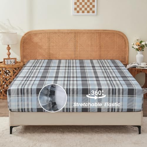 Deep Pocket King Fitted Sheet - Blue Gray Plaid, Fits 18 Inch Mattresses