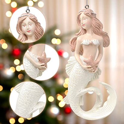 Mermaid Christmas Tree Ornament Hanging Decor Holiday Decorations - Pink Hair & White Tail