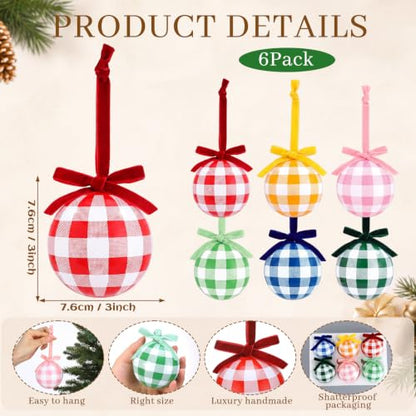 Gingham Plaid Christmas Tree Ornaments - 6 Glass Holiday Decorations with Velvet Bows