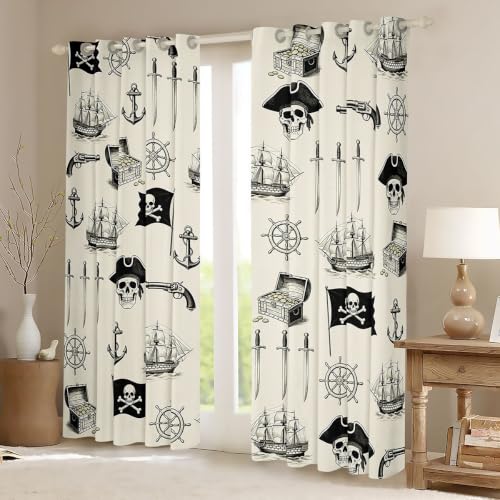 Blackout Nautical Curtain Set - Ocean Themed Thermal Insulated Drapes for Bedroom & Living Room, 2 Panels 42 x 84 Inch, Light Beige & Black