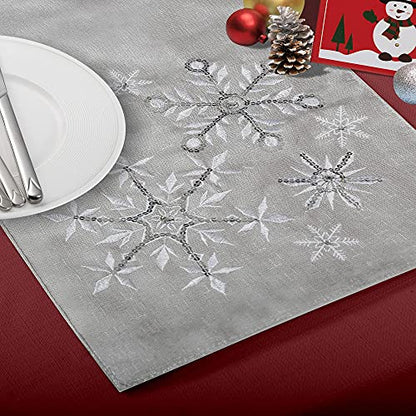 Christmas Snowflake Silver Grey Table Runner 14x70 Inch Embroidered Holiday Decor