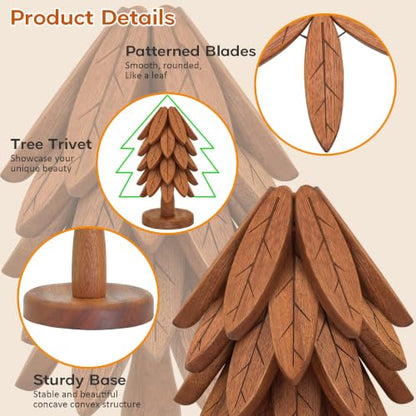 Wooden Tree-Shaped Trivet Set with Stand – 6 Pcs, Kitchen Hot Dish Protector