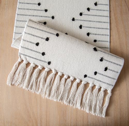 Black Beige Cotton Linen Rustic Boho Table Runner 13x108 Inches - Caflife
