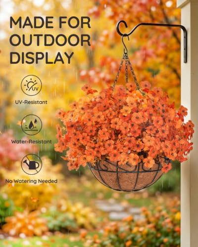 Artificial Fall Orange Mums Flowers Planter Hanging Basket for Outdoors - Fall Orange