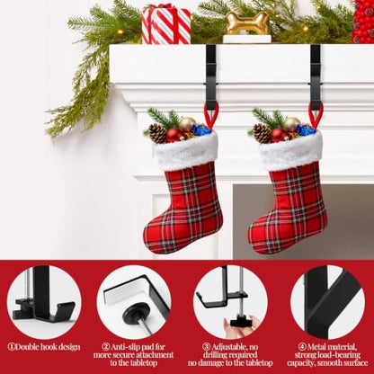 4 Pack Adjustable Stocking Holders for Mantle - XL Black, Fits 0.3-3.46 Inches