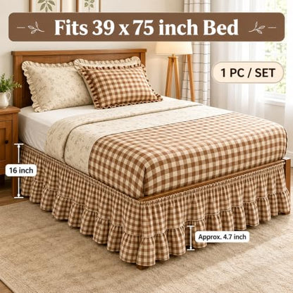 Brown and White Gingham Bed Skirt with Ruffles, 16-Inch Drop