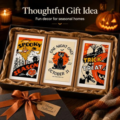 3Pcs Vintage Black Cat Halloween Wall Art Set - Framed 8x10 Inches with Variation Scary Straw Man
