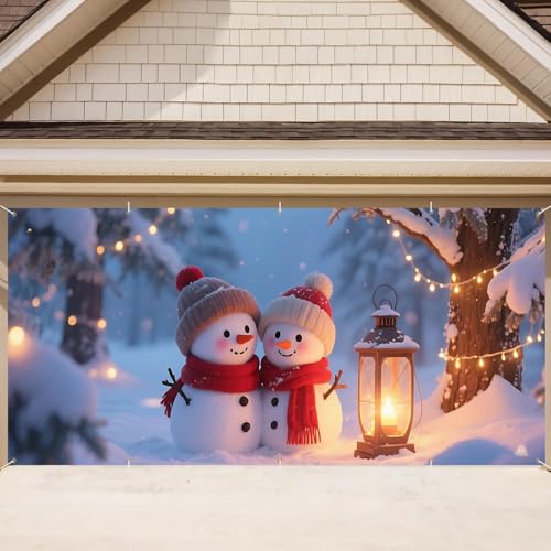 Snowman Lantern Garage Door Banner 16x7 Ft - Winter Snow Scene Decorative Flag - Holiday Outdoor Indoor Seasonal Decor - Variation of THISFIND 89