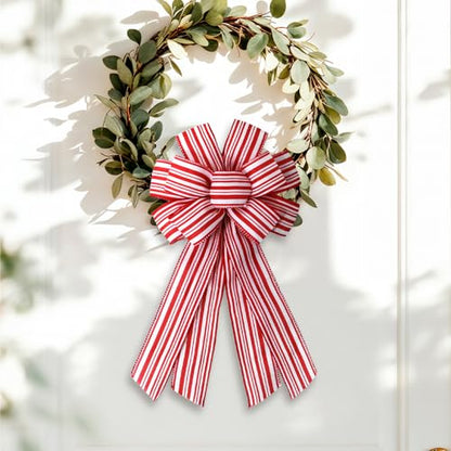 Red White Stripes Burlap Wreath Bow for Front Door Holiday Decorations - Fall Christmas Thanksgiving