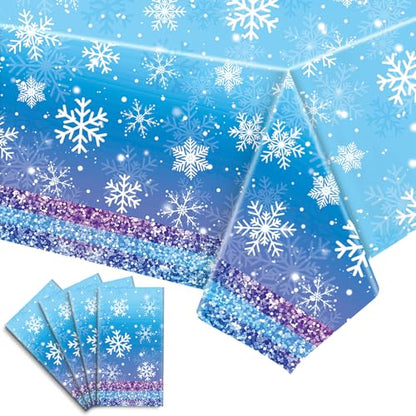 Babudeer 4 Pack Snowflake Plastic Tablecloths - Blue & Purple, 54x108 Inch, Frozen Party Decorations, Striped Edge
