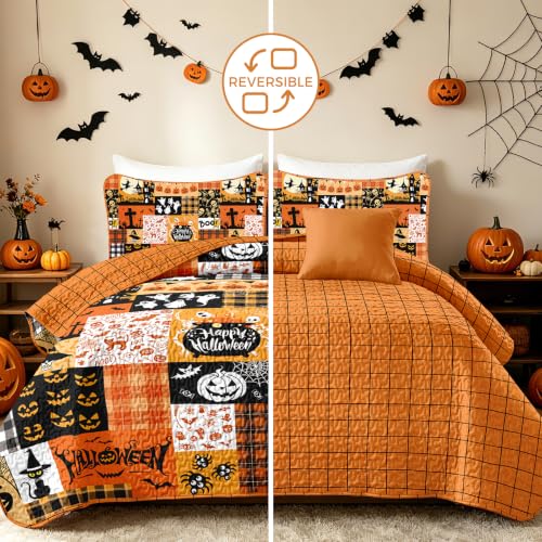 Halloween Quilt Set Queen - Orange Pumpkin Patchwork Bedspread with Witches & Jack-o'-Lanterns