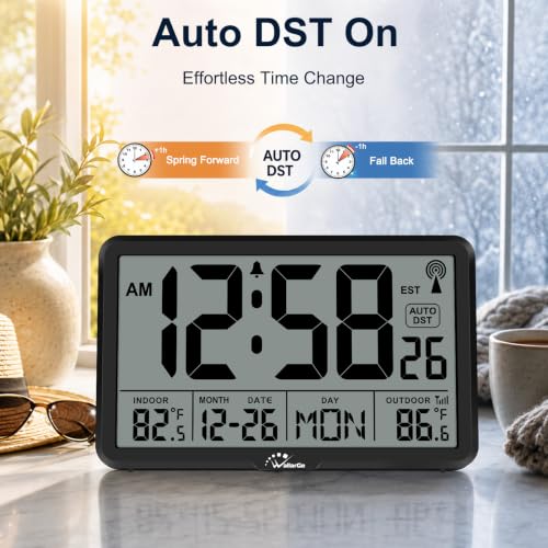 WallarGe Atomic Wall Clock with Backlit Indoor Outdoor Temperature