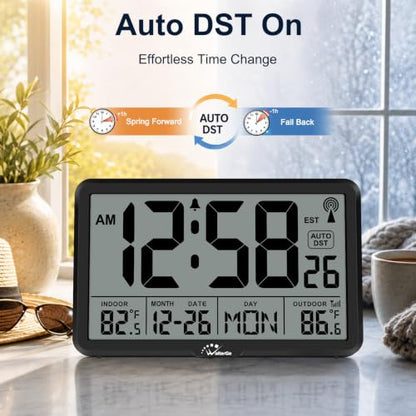 WallarGe Atomic Wall Clock with Backlit Indoor Outdoor Temperature
