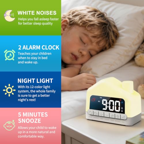 Kids Alarm Clock with White Noise Sleep Aid, Night Light & Snooze