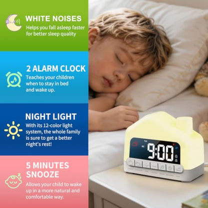 Kids Alarm Clock with White Noise Sleep Aid, Night Light & Snooze