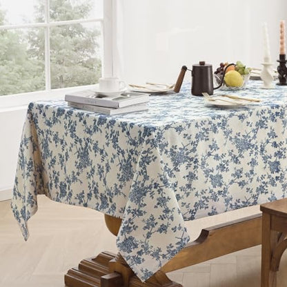 Blue Floral Cotton Linen Rectangle Tablecloth 55x120 Inches - Rustic Decor