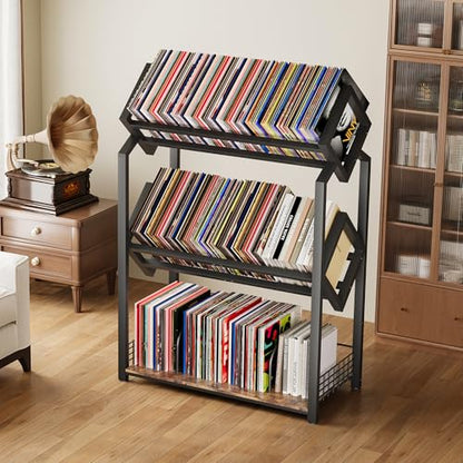 Homeiju 3-Tier Vinyl Record Storage Holder with Dividers - Space-Saving LP Organizer