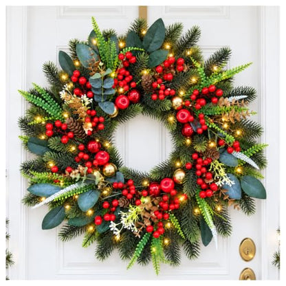 24-Inch Pre-Lit Christmas Wreath with Pine, Berries & LEDs for Front Door