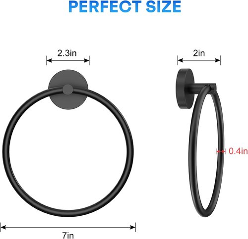 Matte Black Hand Towel Holder - Stainless Steel Round Towel Ring for Bathroom Wall