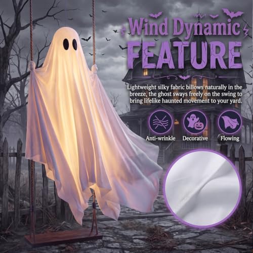 White 5FT Swinging Ghost Halloween Outdoor Decor with Light & Timer