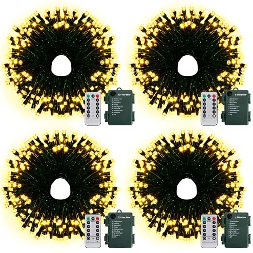 Battery Operated String Lights with Remote - 50 LED Warm White, 4 Pack 16.5Ft Dark Green Wire, 8 Modes & Timer
