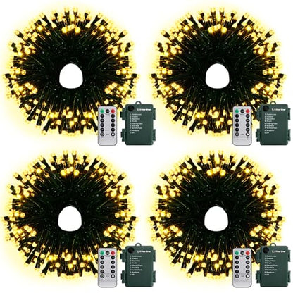 Battery Operated String Lights with Remote - 50 LED Warm White, 4 Pack 16.5Ft Dark Green Wire, 8 Modes & Timer