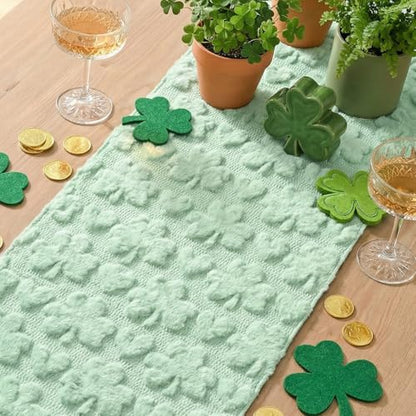 Sage Green Faux Fur Heart Clover Table Runner 13x90 Inch Seasonal Home Decor